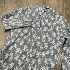 American Eagle Mens Small Seriously Soft Palm Tree Button Down Shirt Blue Gray